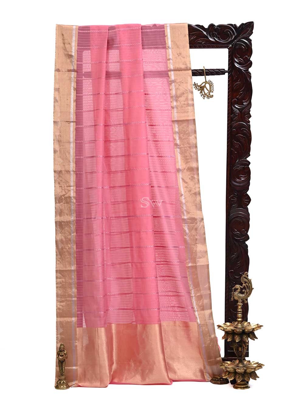 Pink Stripe Chanderi Silk Handloom Banarasi Saree - Sacred Weaves