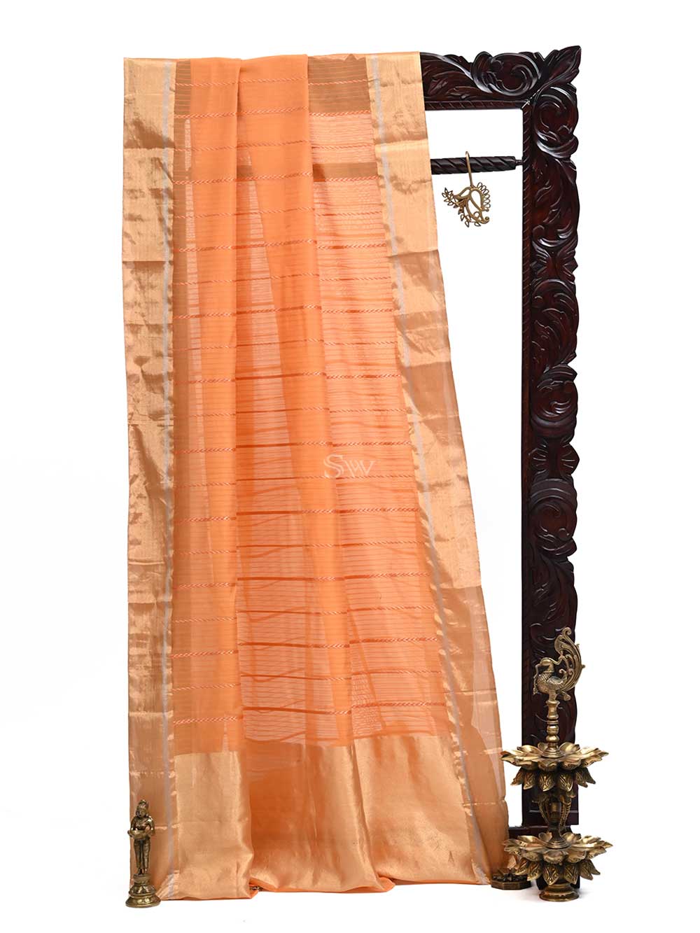 Dark Orange Stripe Chanderi Silk Handloom Banarasi Saree - Sacred Weaves