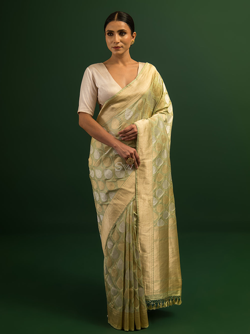 Pista Green Jaal Katan Silk Handloom Banarasi Saree - Sacred Weaves