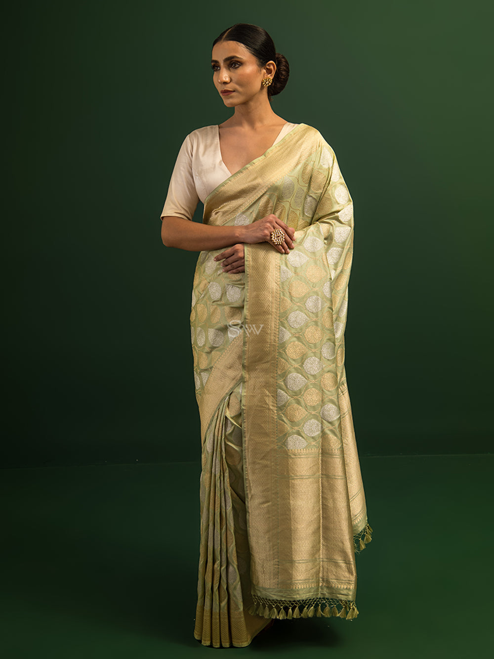 Pista Green Jaal Katan Silk Handloom Banarasi Saree - Sacred Weaves