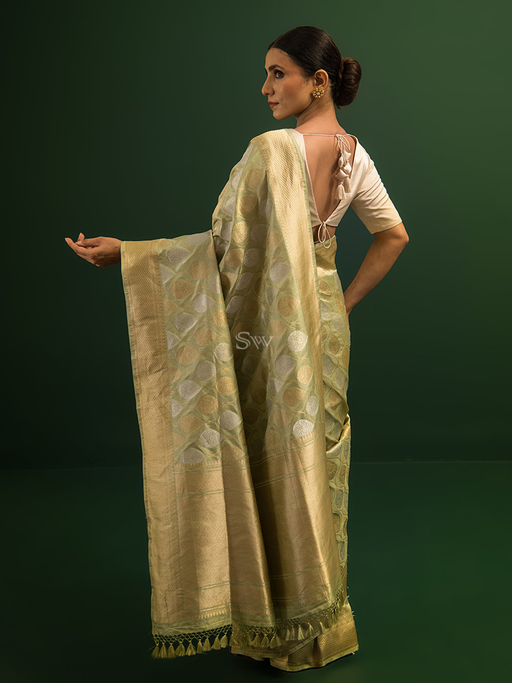 Pista Green Jaal Katan Silk Handloom Banarasi Saree - Sacred Weaves