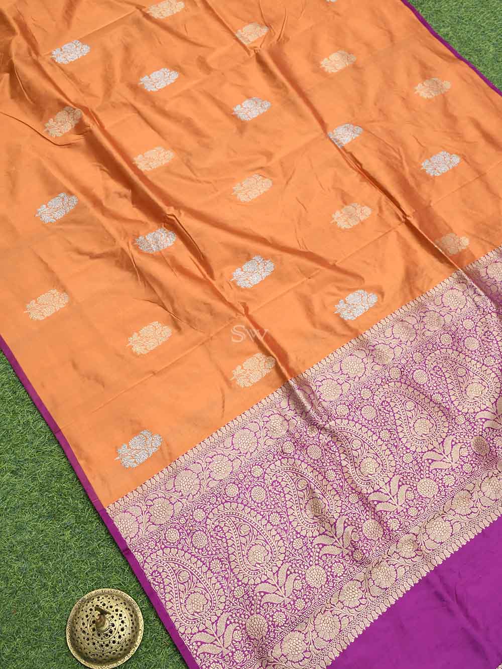Orange Boota Katan Silk Handloom Banarasi Saree -  Sacred Weaves