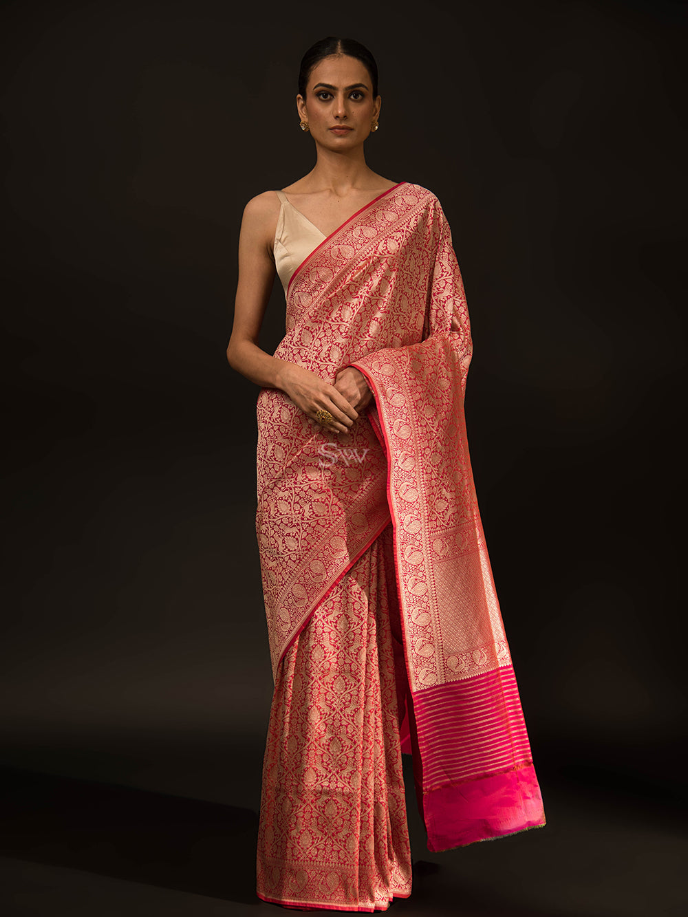 Pink Orange Shikargah Katan Silk Handloom Banarasi Saree - Sacred Weaves