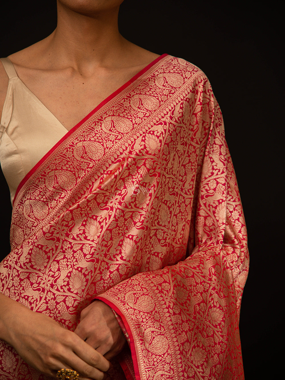 Pink Orange Shikargah Katan Silk Handloom Banarasi Saree - Sacred Weaves