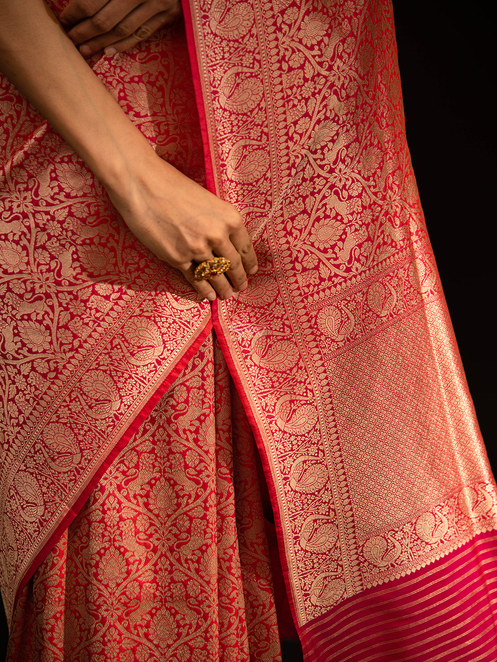 Pink Orange Shikargah Katan Silk Handloom Banarasi Saree - Sacred Weaves