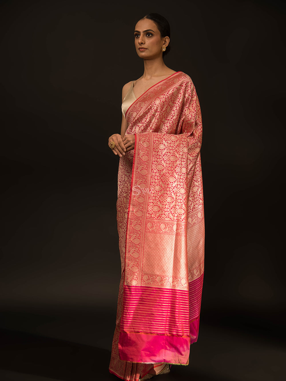 Pink Orange Shikargah Katan Silk Handloom Banarasi Saree - Sacred Weaves