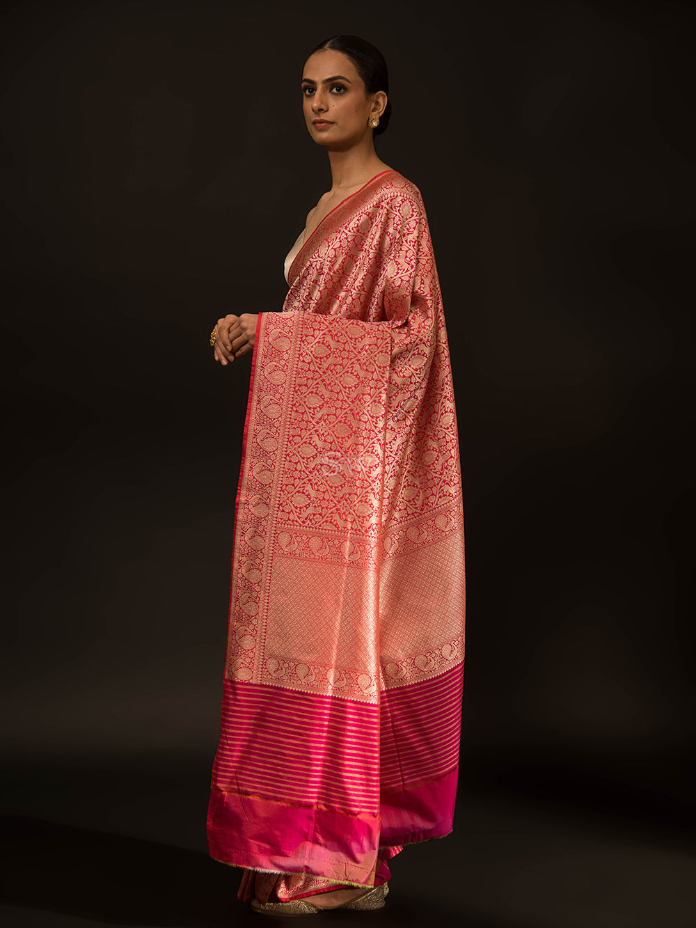 Pink Orange Shikargah Katan Silk Handloom Banarasi Saree - Sacred Weaves