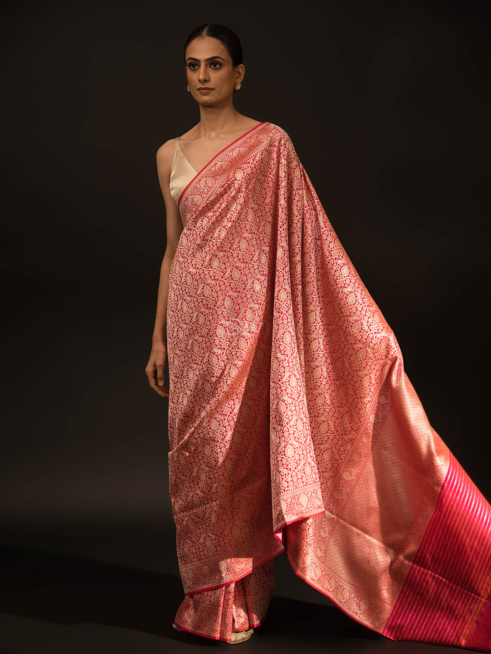 Pink Orange Shikargah Katan Silk Handloom Banarasi Saree - Sacred Weaves