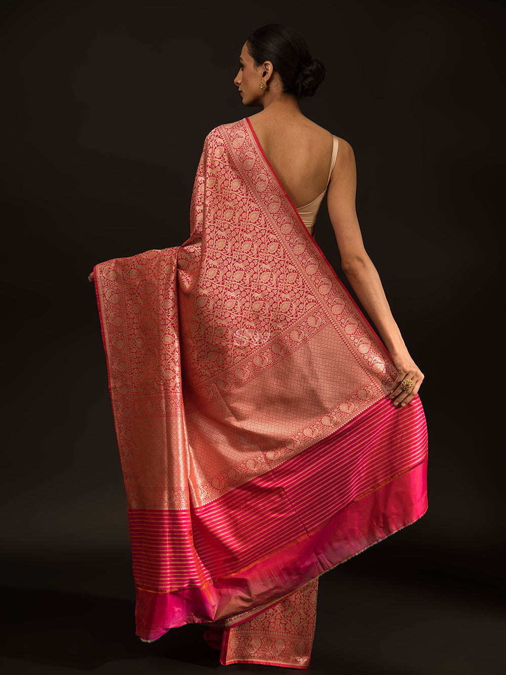 Pink Orange Shikargah Katan Silk Handloom Banarasi Saree - Sacred Weaves