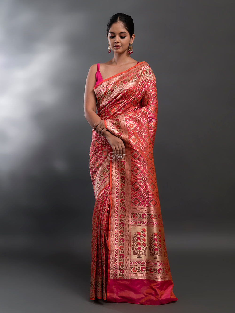 Pink Orange Meenakaari Katan Silk Handloom Banarasi Saree - Sacred Weaves