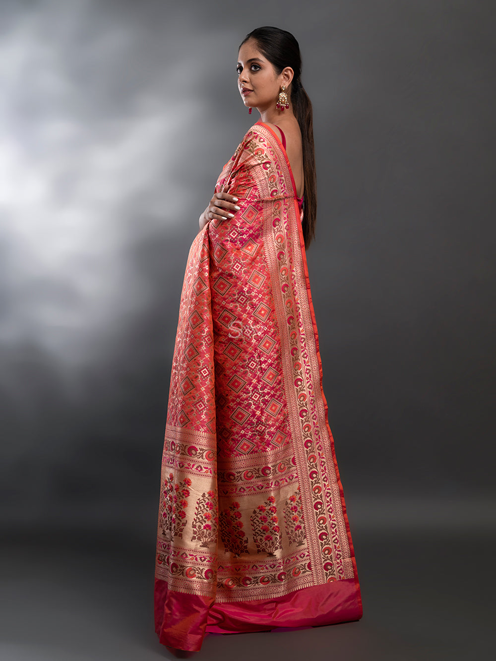 Pink Orange Meenakaari Katan Silk Handloom Banarasi Saree - Sacred Weaves