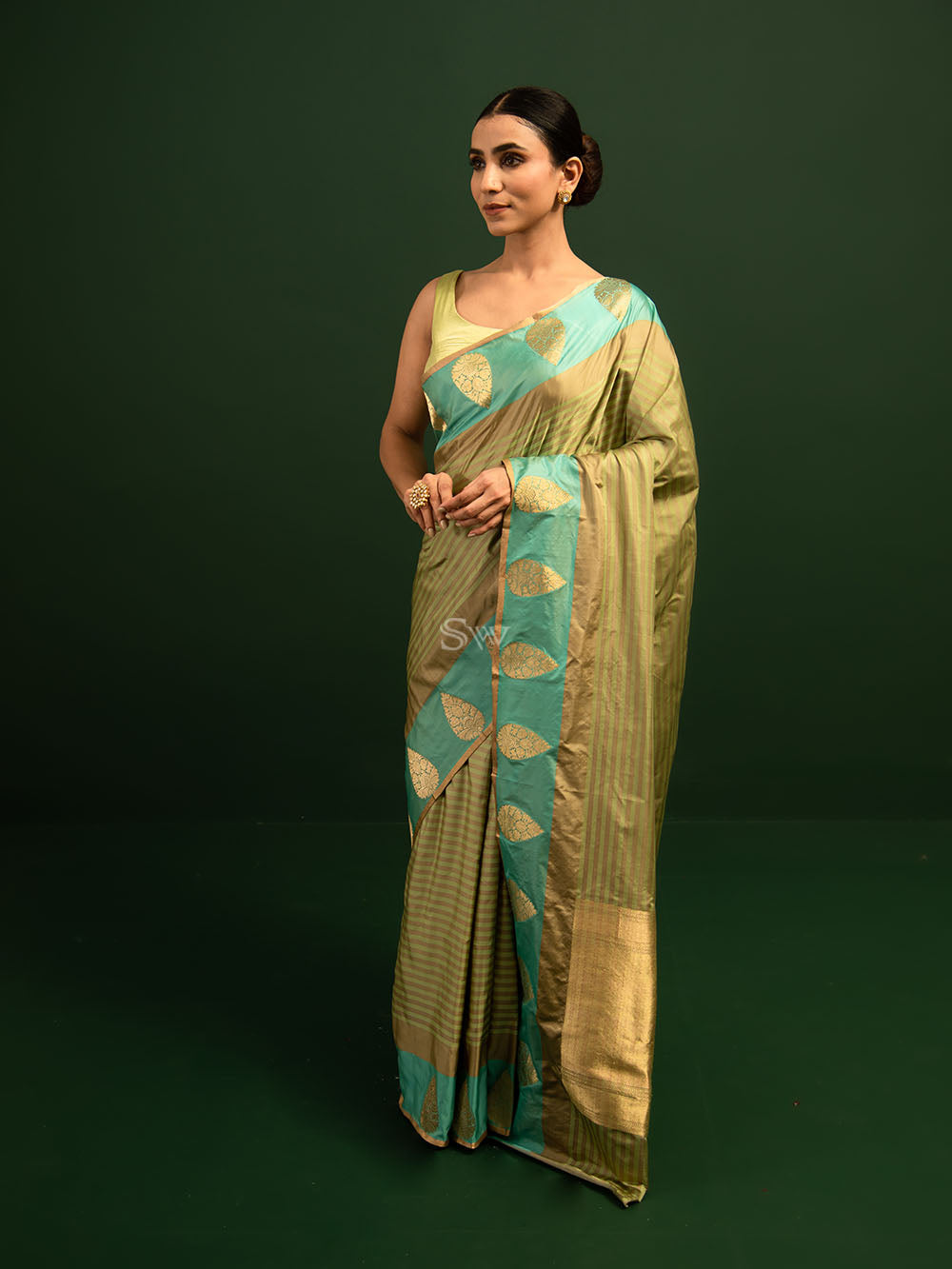 Grey Green Stripe Satin Silk Handloom Banarasi Saree - Sacred Weaves