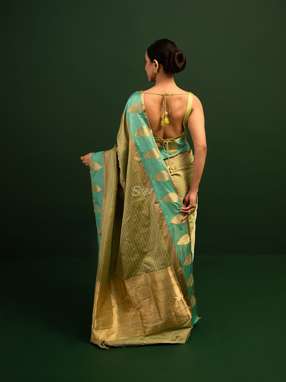 Grey Green Stripe Satin Silk Handloom Banarasi Saree - Sacred Weaves