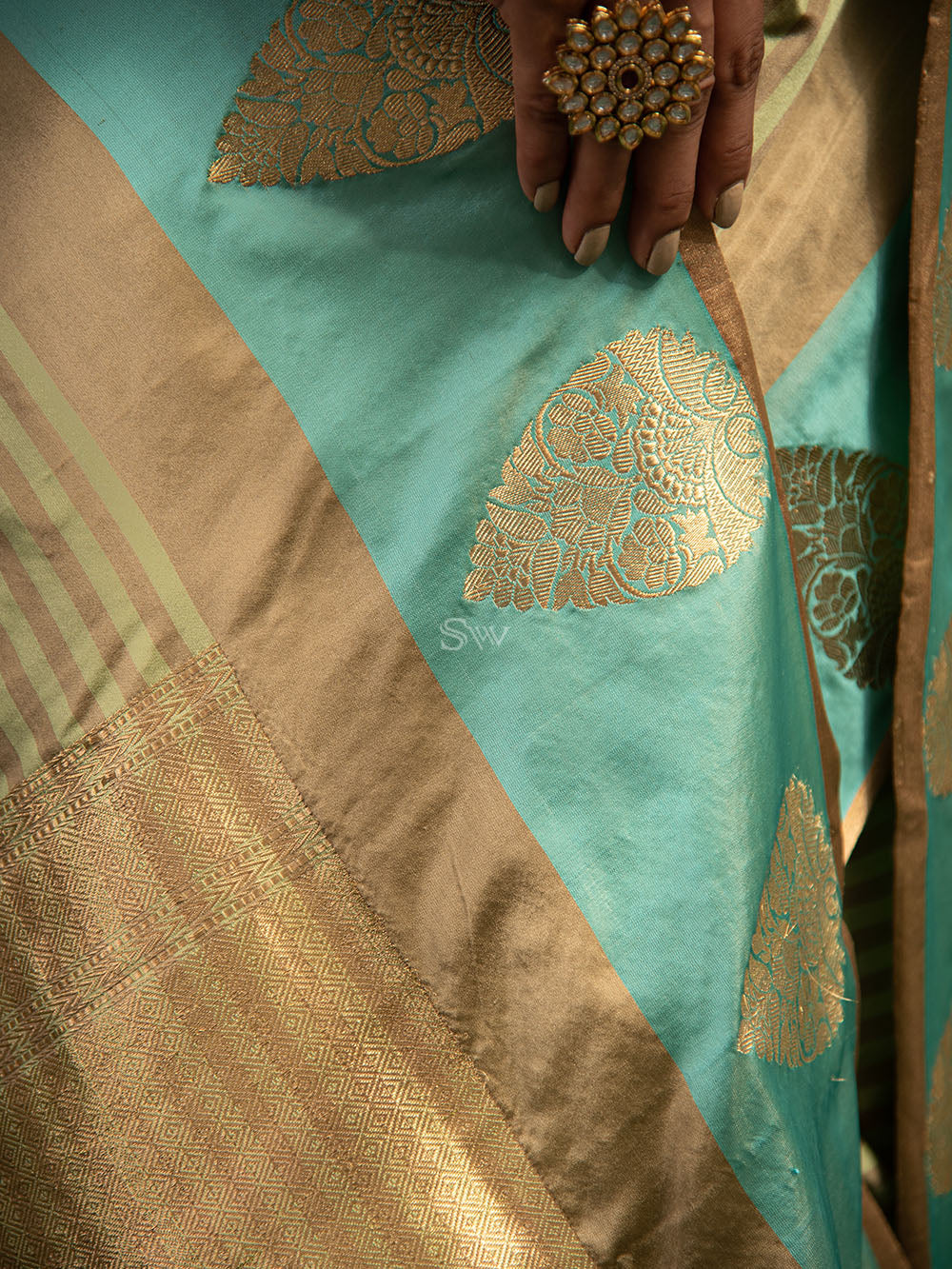 Grey Green Stripe Satin Silk Handloom Banarasi Saree - Sacred Weaves