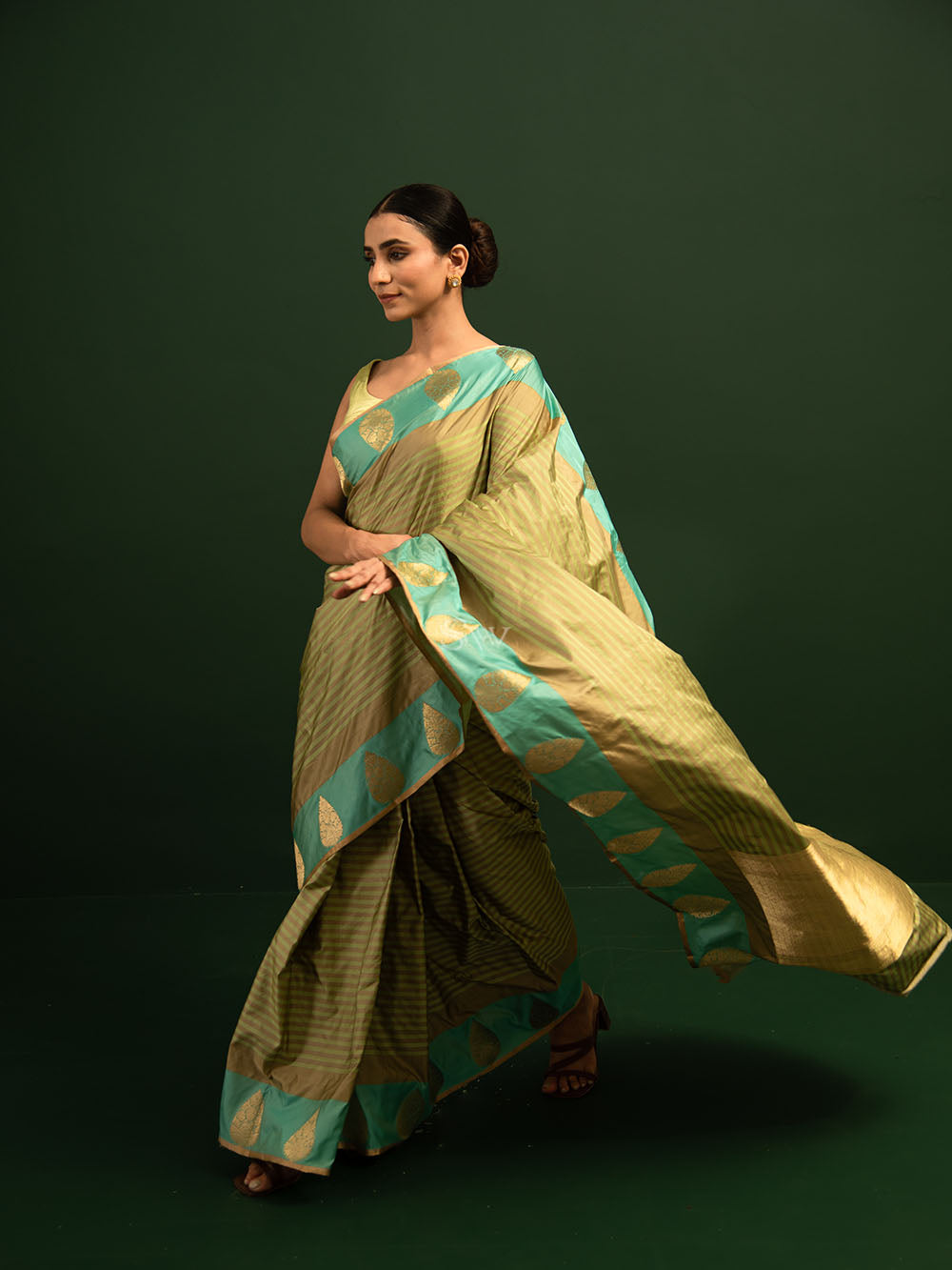 Grey Green Stripe Satin Silk Handloom Banarasi Saree - Sacred Weaves