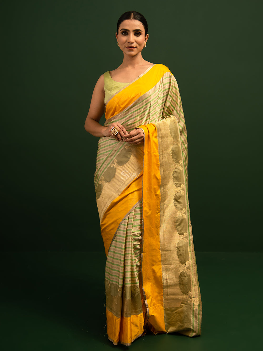 Beige Green Stripe Satin Silk Handloom Banarasi Saree - Sacred Weaves