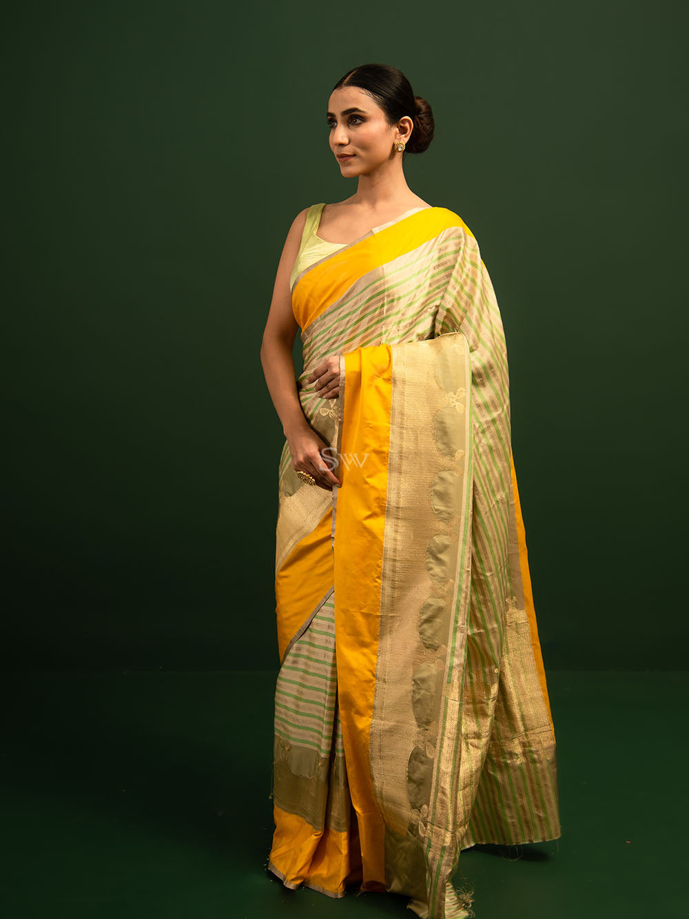 Beige Green Stripe Satin Silk Handloom Banarasi Saree - Sacred Weaves