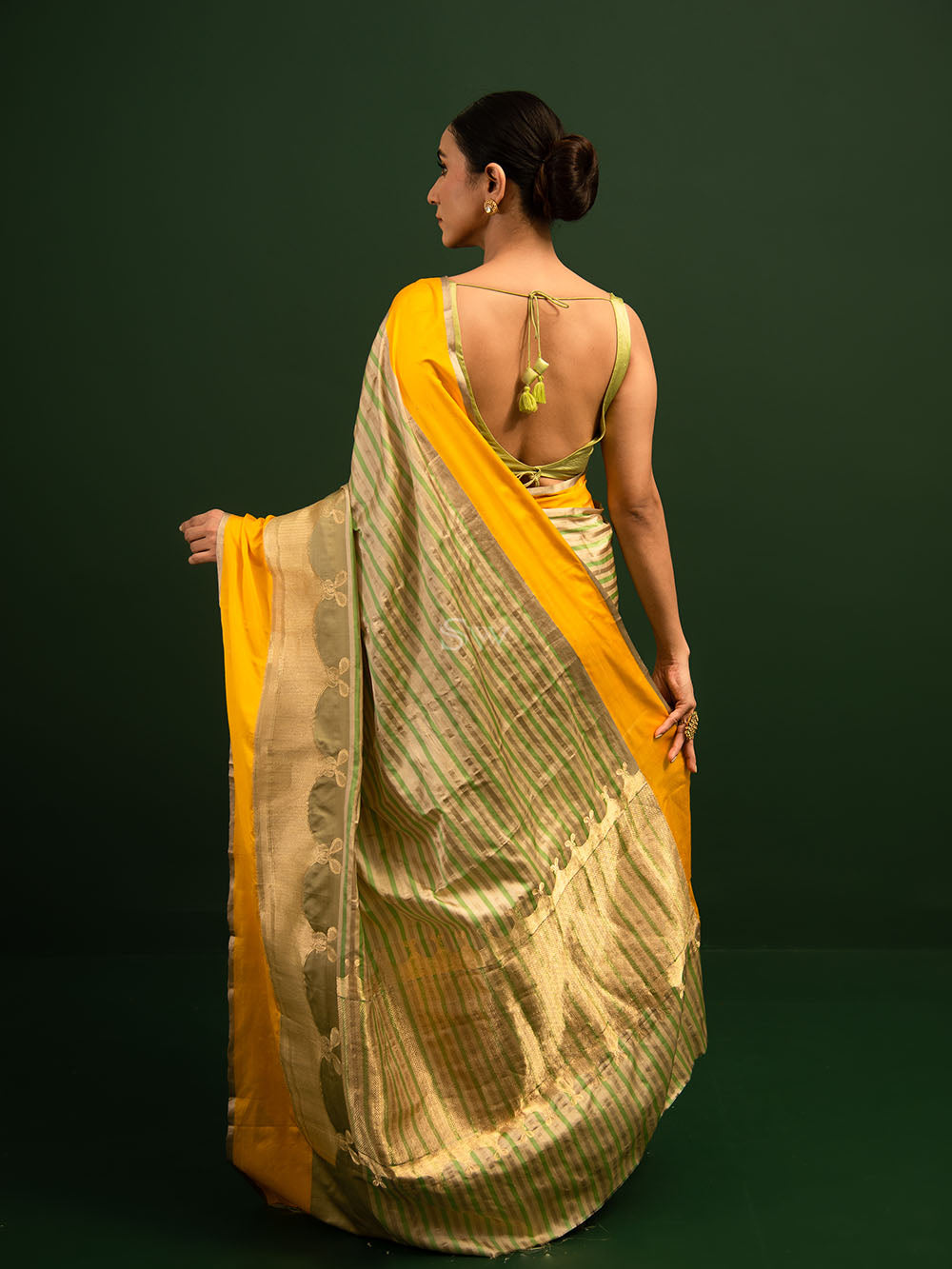 Beige Green Stripe Satin Silk Handloom Banarasi Saree - Sacred Weaves