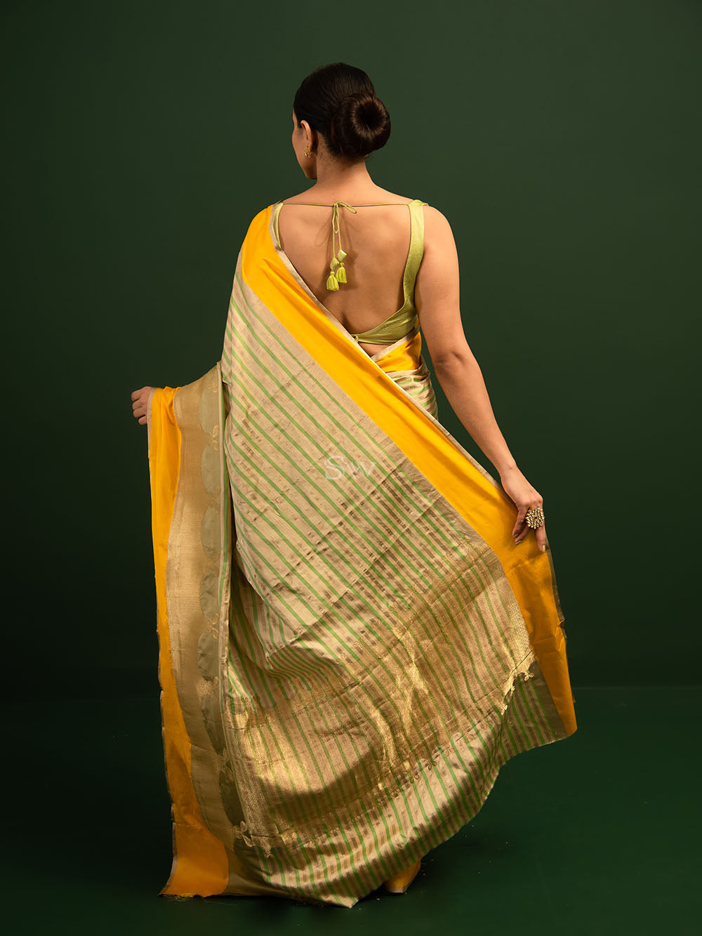 Beige Green Stripe Satin Silk Handloom Banarasi Saree - Sacred Weaves