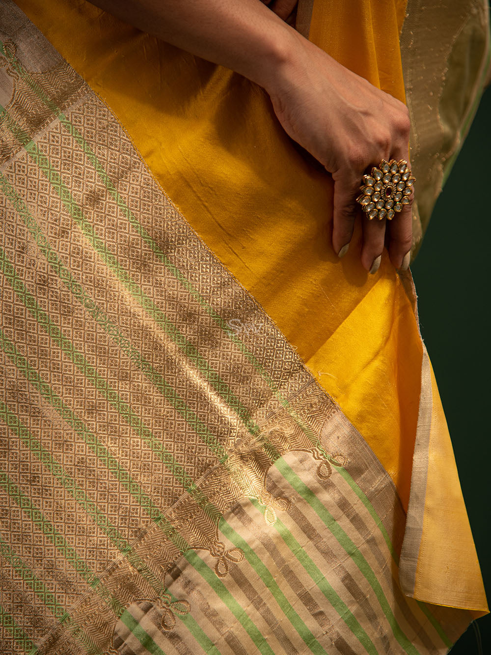 Beige Green Stripe Satin Silk Handloom Banarasi Saree - Sacred Weaves