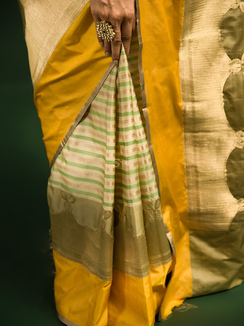 Beige Green Stripe Satin Silk Handloom Banarasi Saree - Sacred Weaves