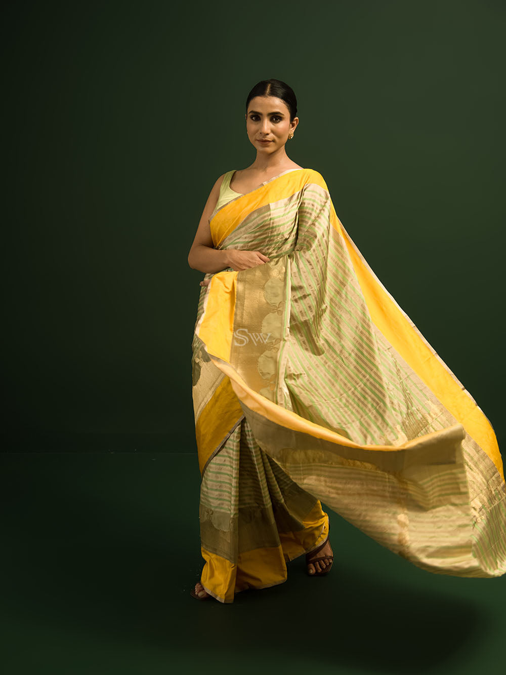 Beige Green Stripe Satin Silk Handloom Banarasi Saree - Sacred Weaves