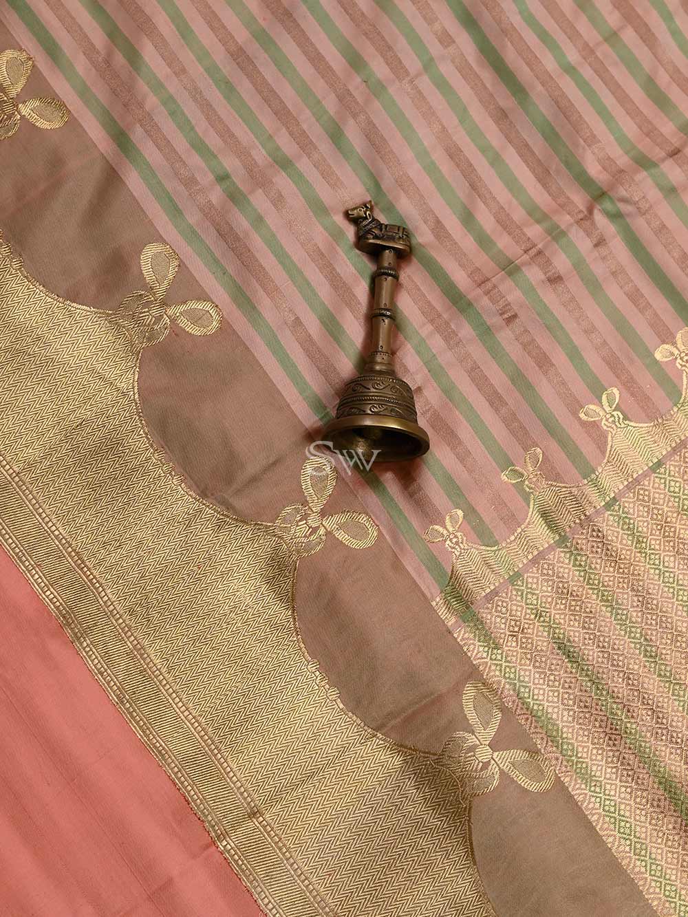 Peach Green Stripe Satin Silk Handloom Banarasi Saree - Sacred Weaves