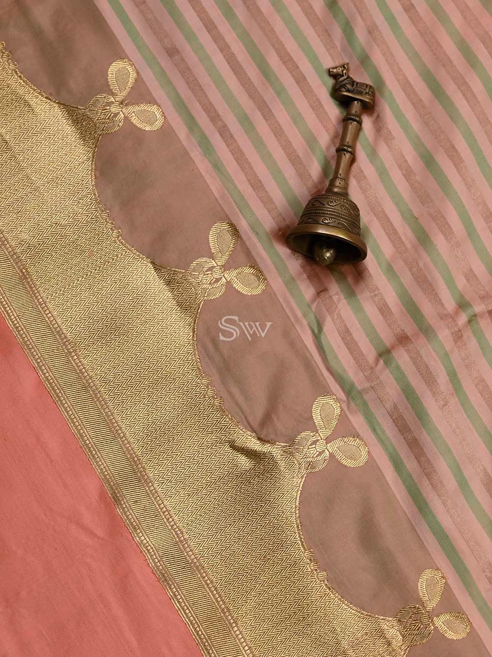 Peach Green Stripe Satin Silk Handloom Banarasi Saree - Sacred Weaves