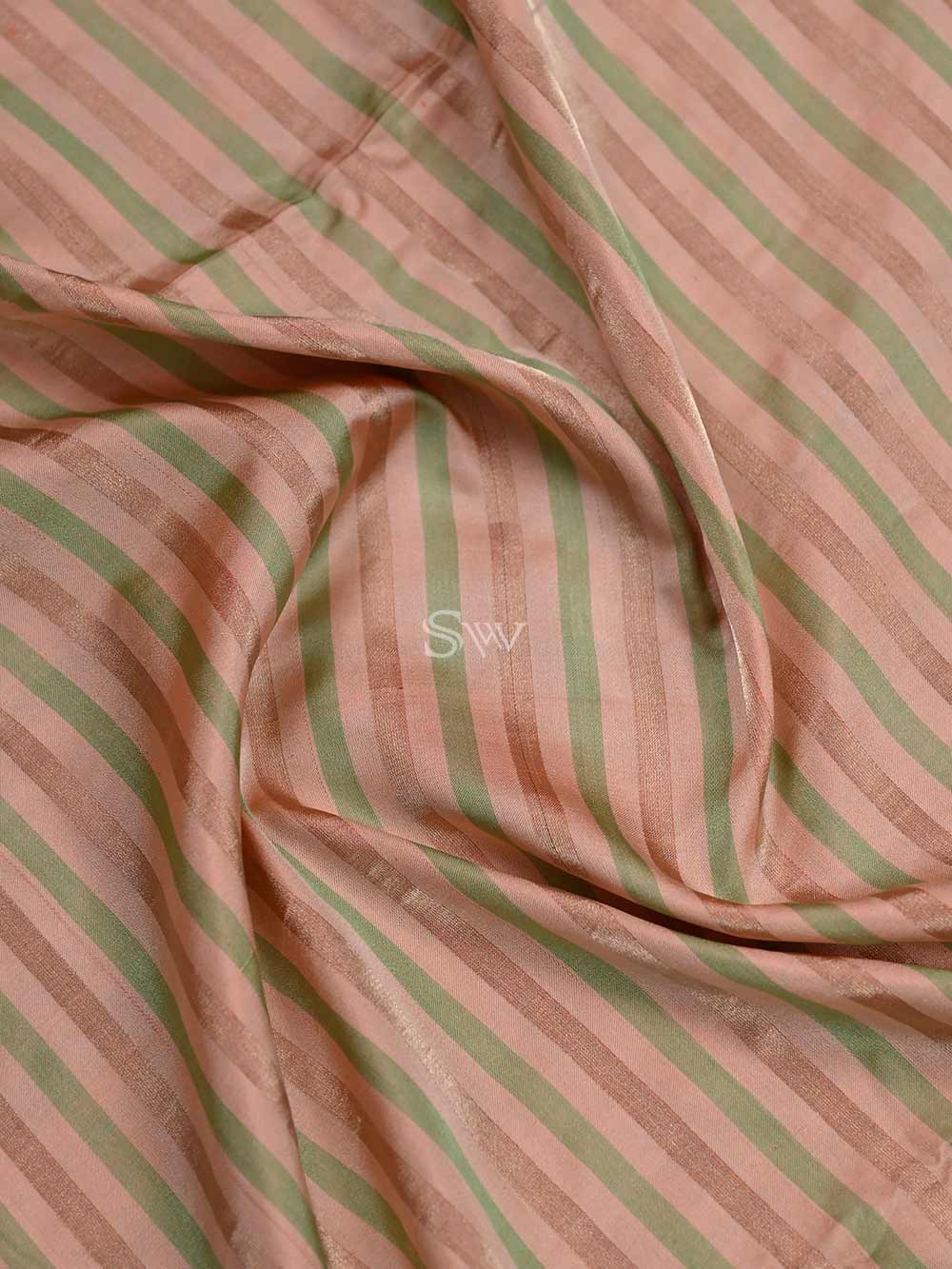Peach Green Stripe Satin Silk Handloom Banarasi Saree - Sacred Weaves