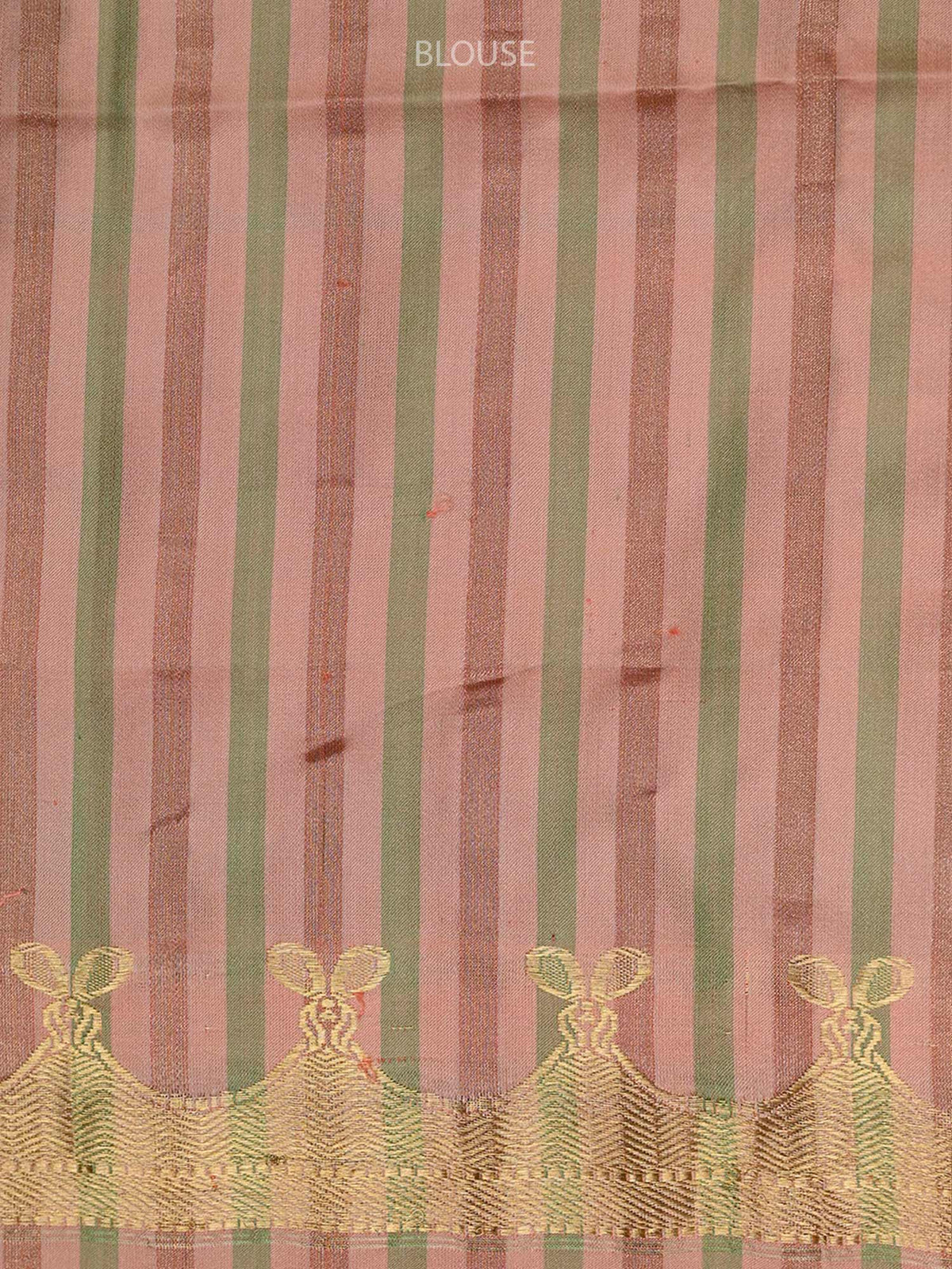 Peach Green Stripe Satin Silk Handloom Banarasi Saree - Sacred Weaves