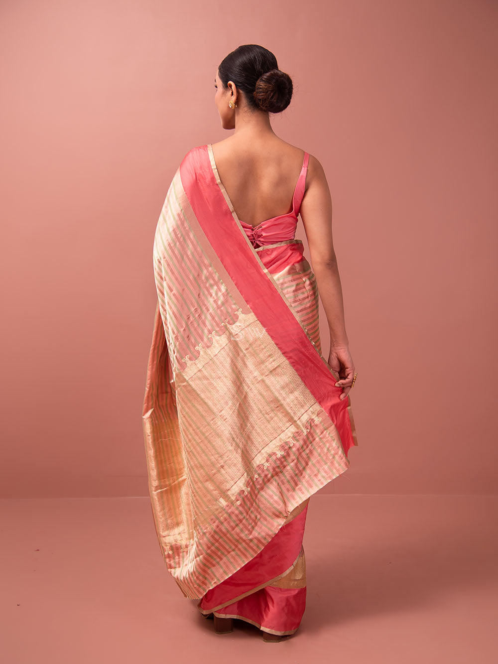 Peach Green Stripe Satin Silk Handloom Banarasi Saree - Sacred Weaves