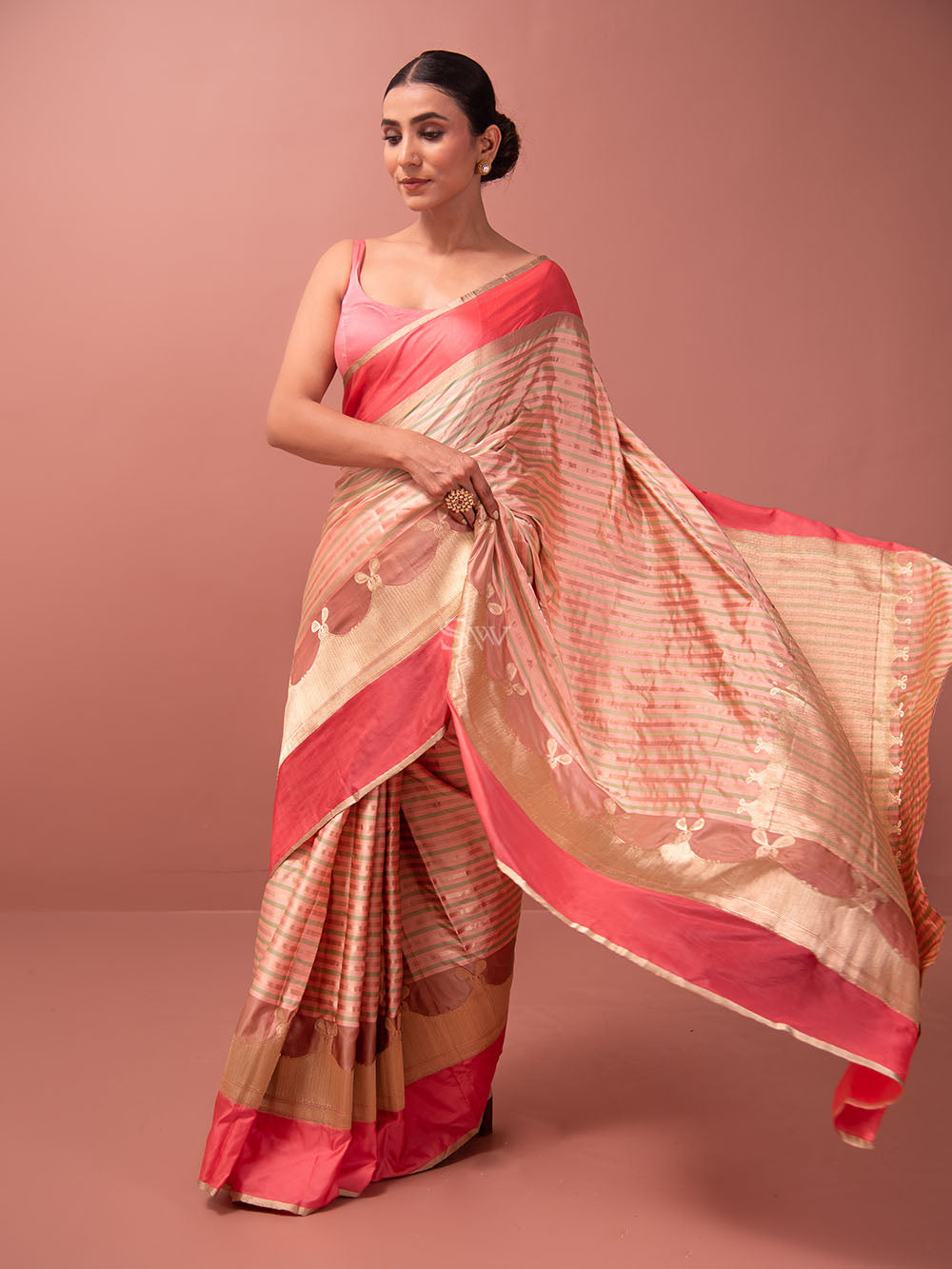 Peach Green Stripe Satin Silk Handloom Banarasi Saree - Sacred Weaves
