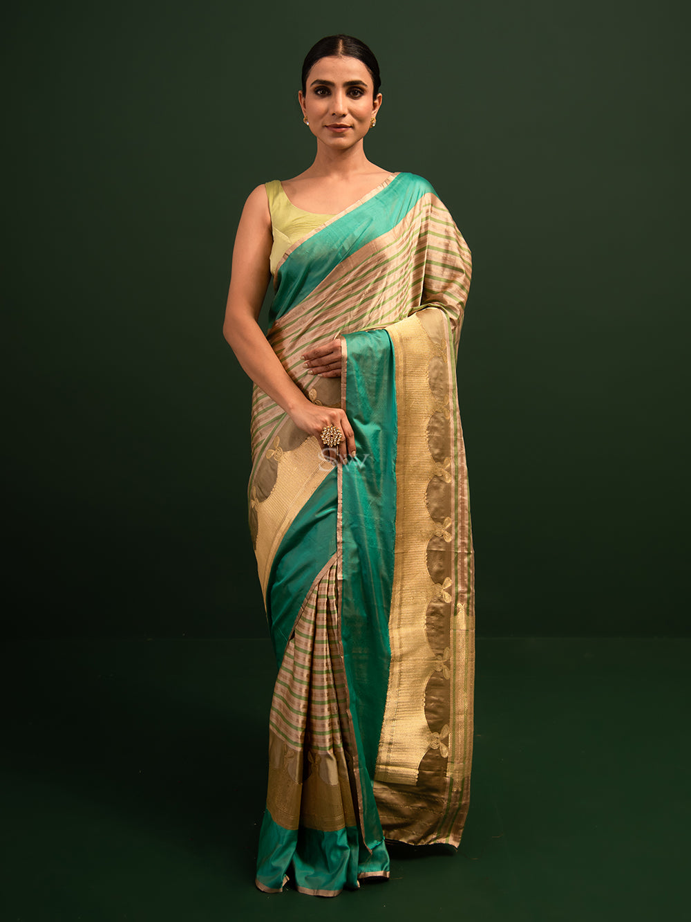 Beige Green Stripe Satin Silk Handloom Banarasi Saree - Sacred Weaves