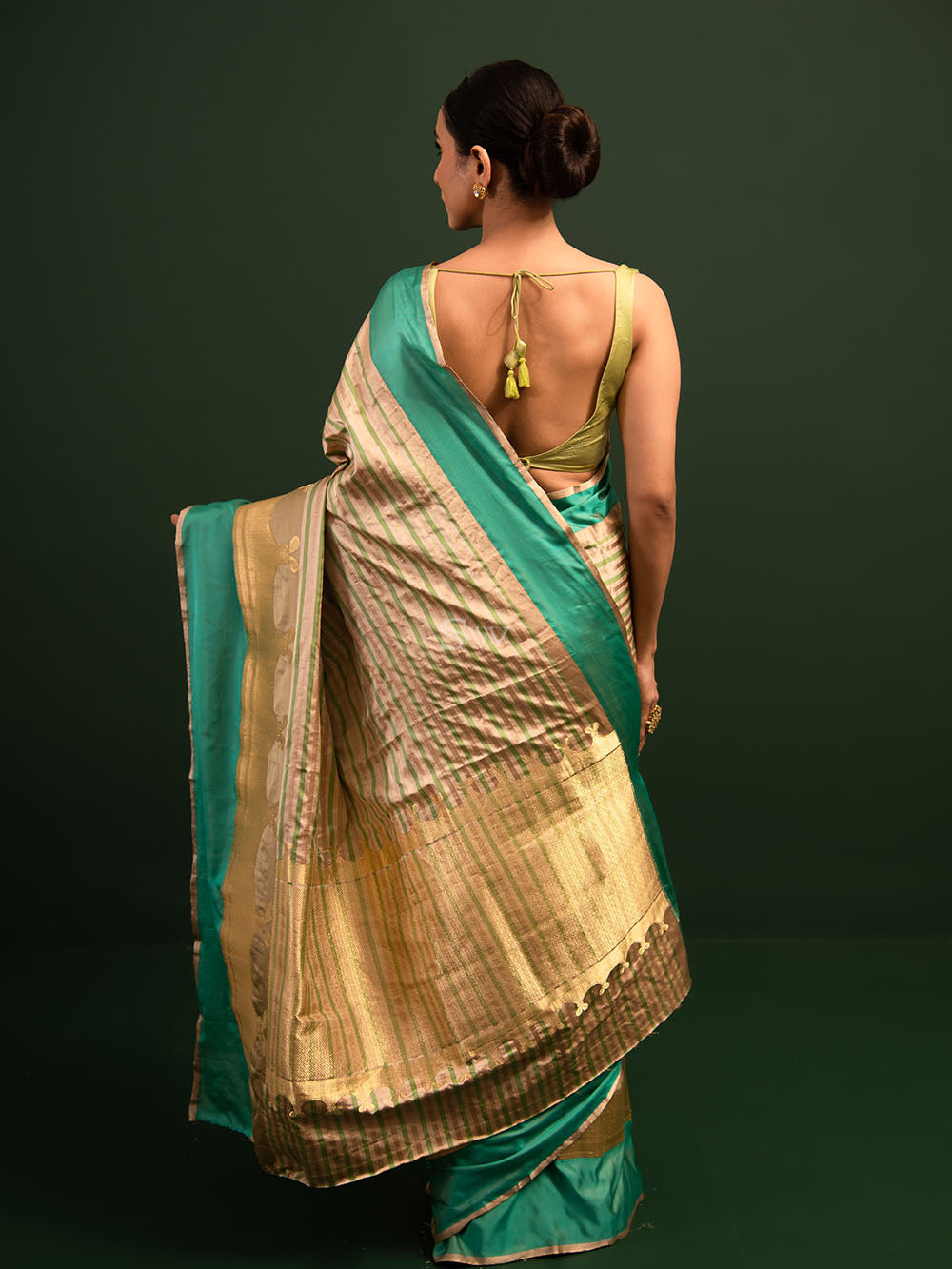 Beige Green Stripe Satin Silk Handloom Banarasi Saree - Sacred Weaves