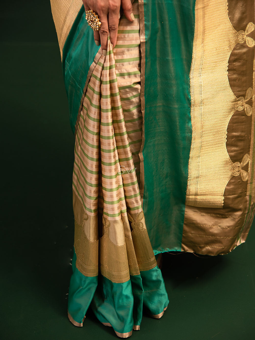 Beige Green Stripe Satin Silk Handloom Banarasi Saree - Sacred Weaves