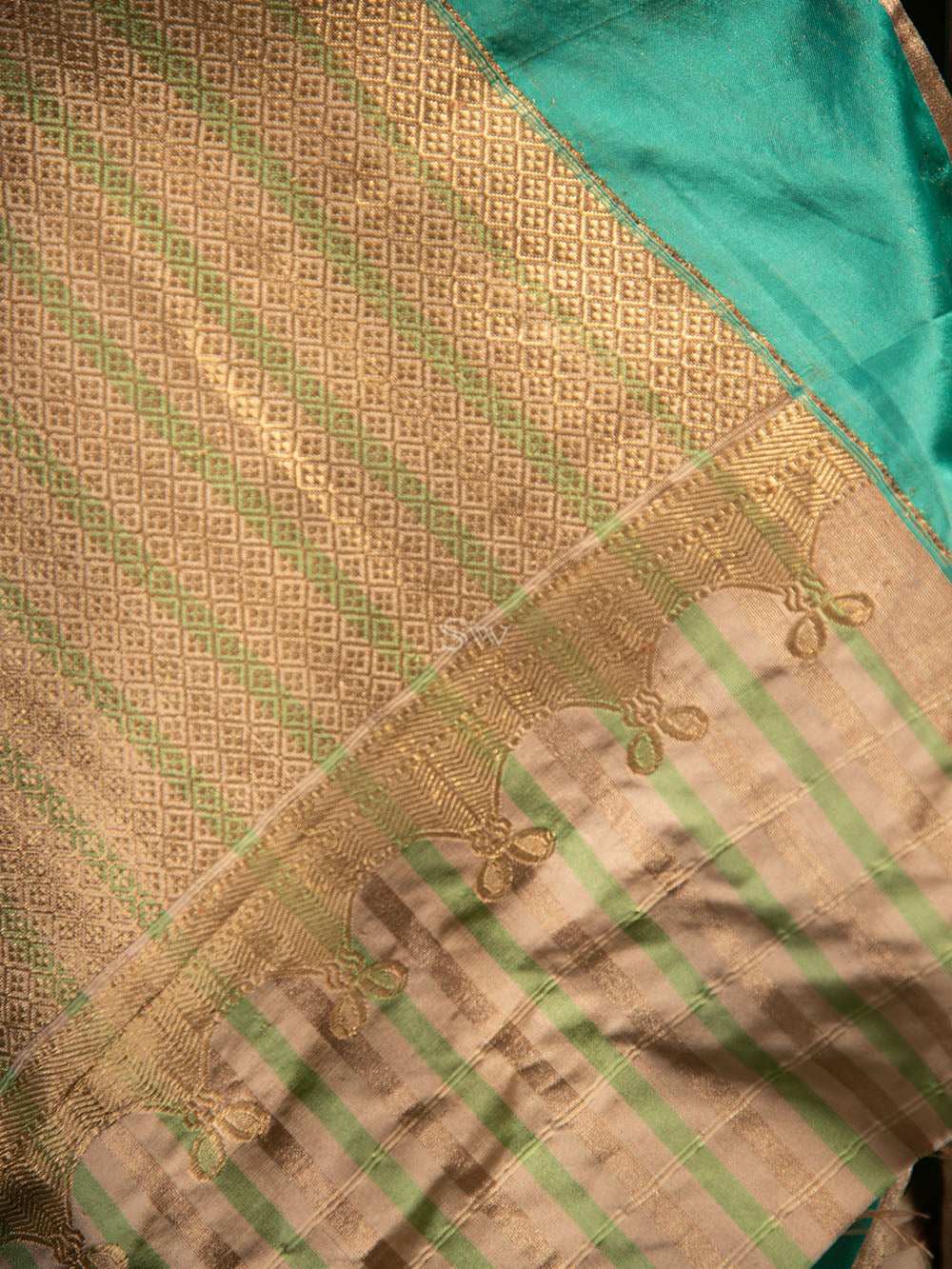 Beige Green Stripe Satin Silk Handloom Banarasi Saree - Sacred Weaves