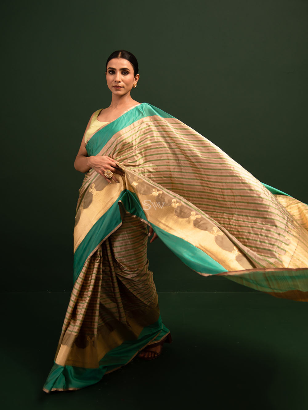 Beige Green Stripe Satin Silk Handloom Banarasi Saree - Sacred Weaves