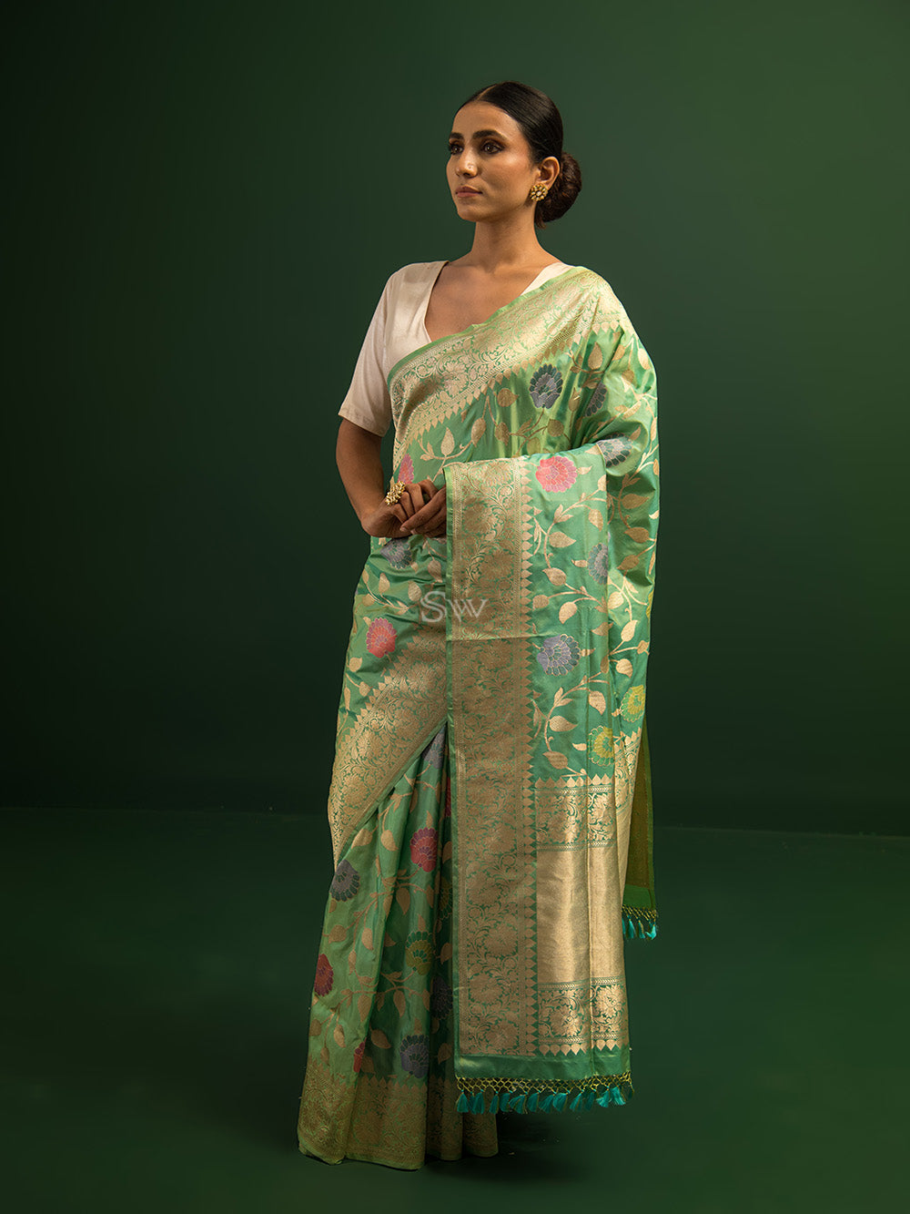 Sea Green Meenakari Katan Silk Handloom Banarasi Saree - Sacred Weaves