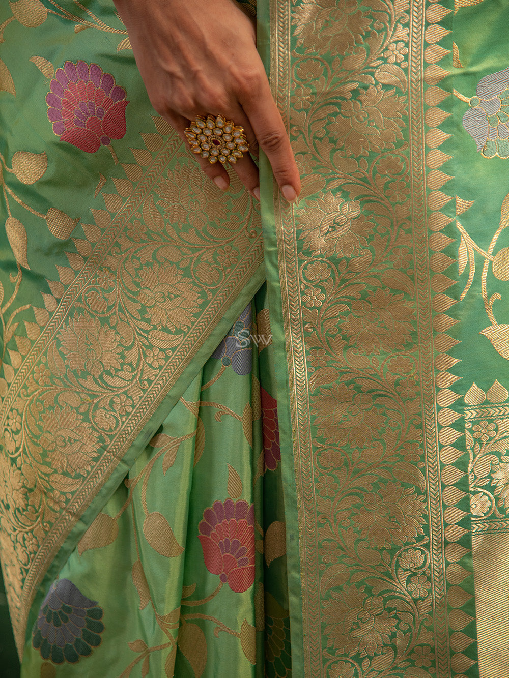 Sea Green Meenakari Katan Silk Handloom Banarasi Saree - Sacred Weaves