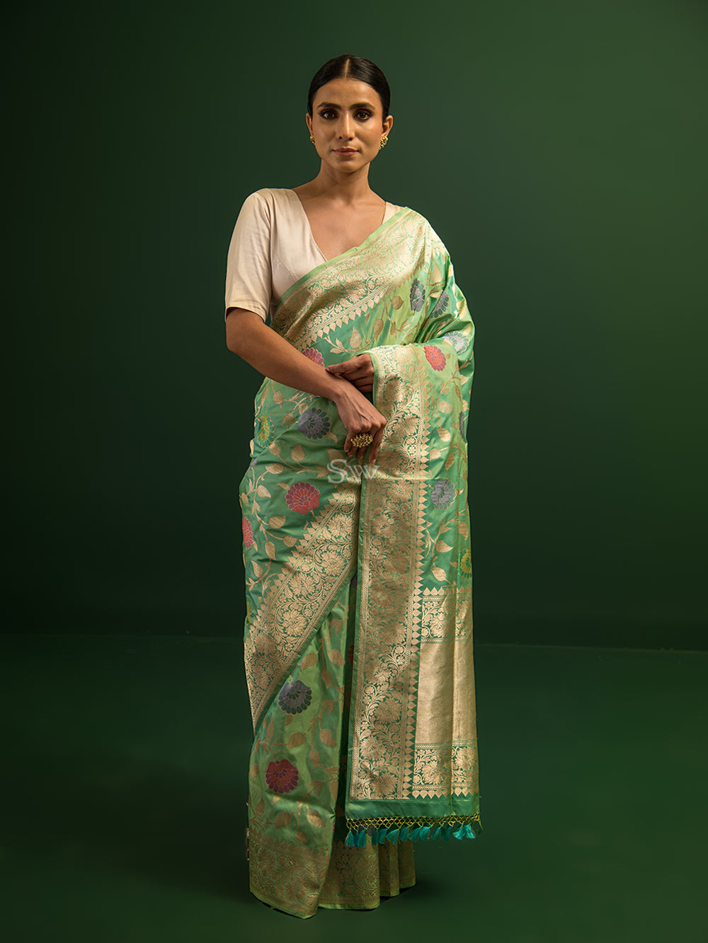Sea Green Meenakari Katan Silk Handloom Banarasi Saree - Sacred Weaves
