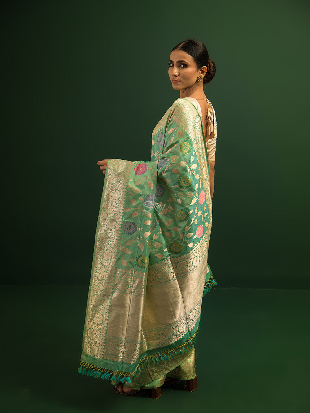 Sea Green Meenakari Katan Silk Handloom Banarasi Saree - Sacred Weaves