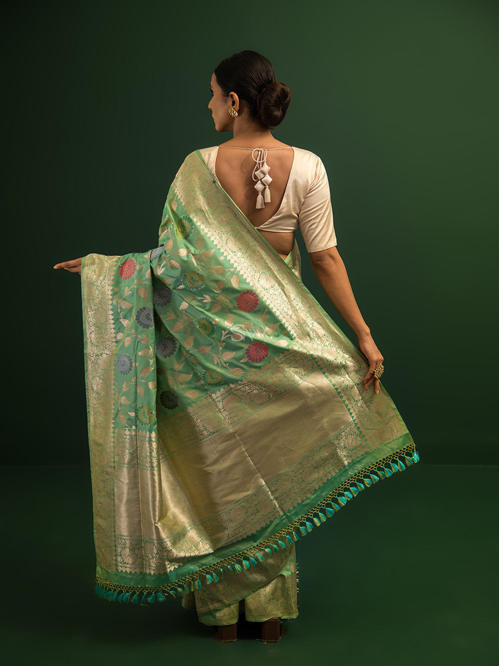 Sea Green Meenakari Katan Silk Handloom Banarasi Saree - Sacred Weaves