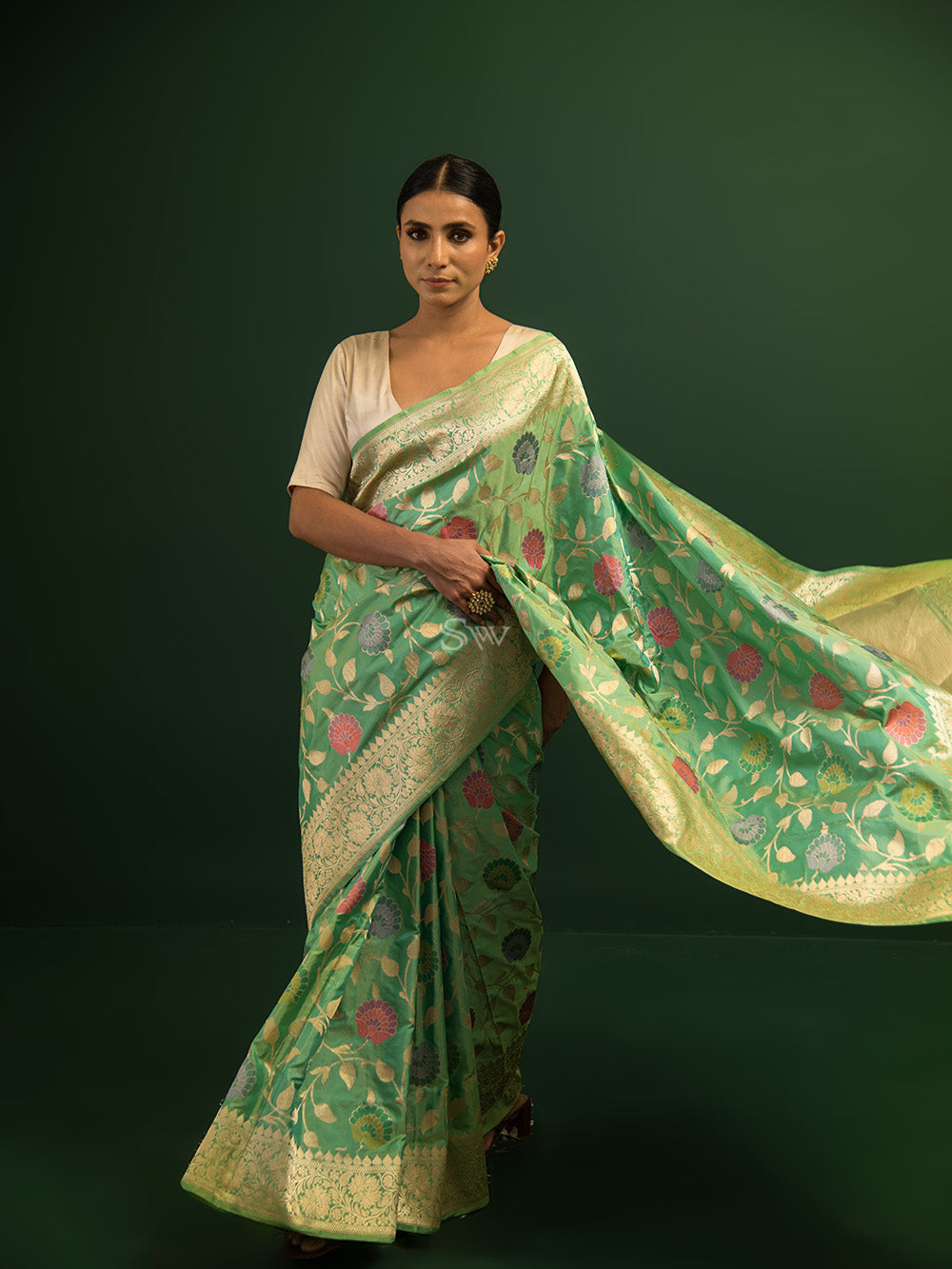 Sea Green Meenakari Katan Silk Handloom Banarasi Saree - Sacred Weaves