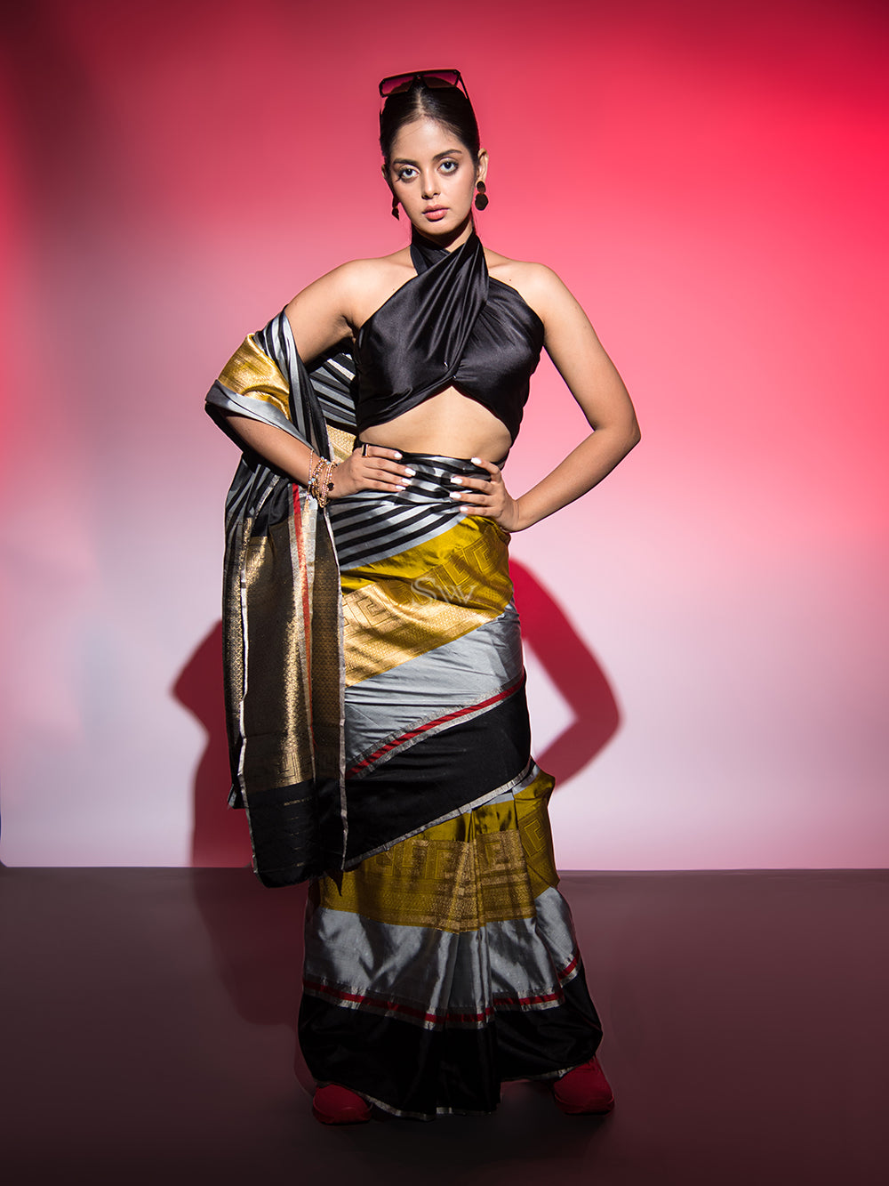 Grey Black Stripe Satin Silk Handloom Banarasi Saree - Sacred Weaves