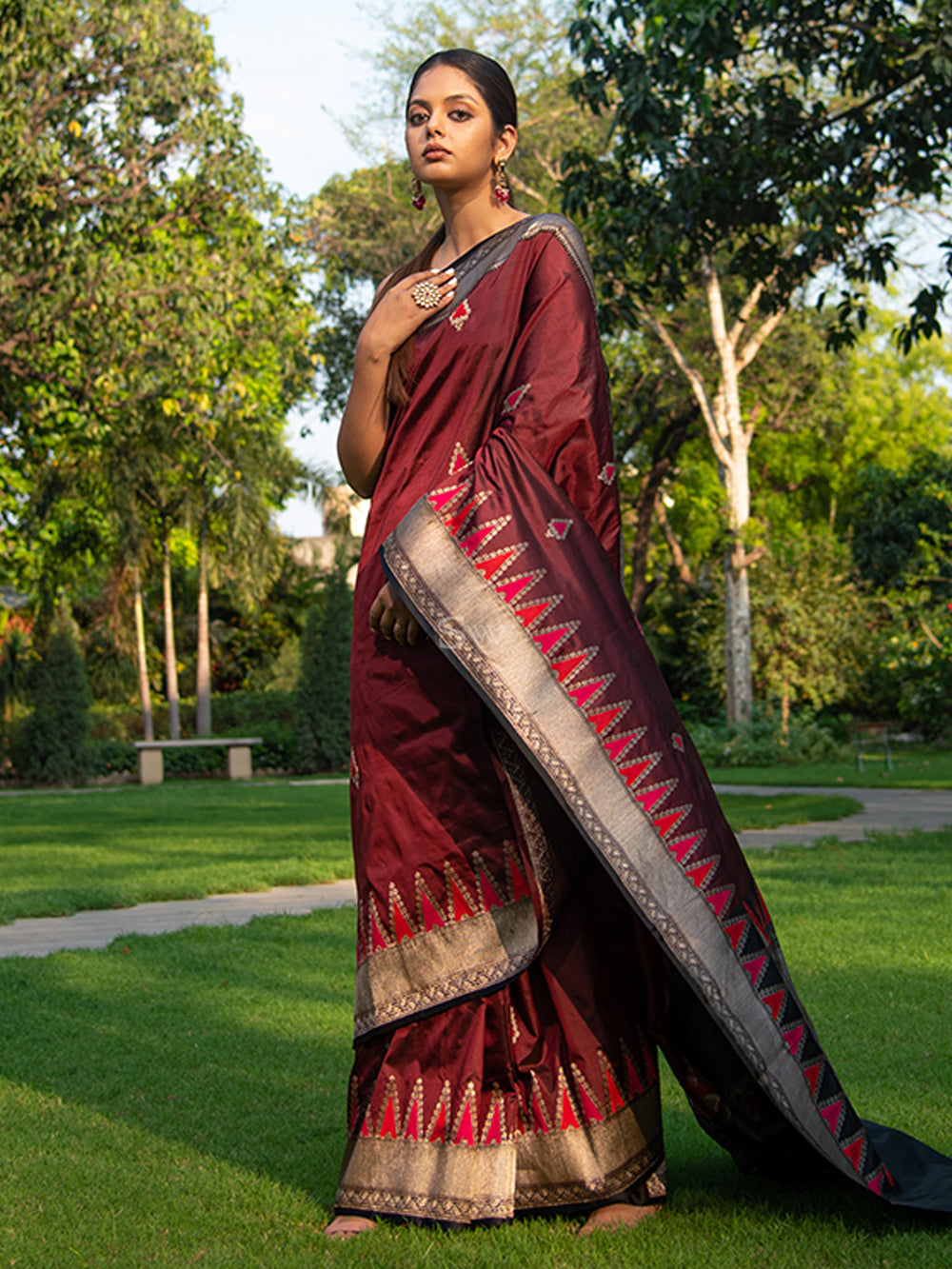 Wine Meenakari Boota Katan Silk Handloom Banarasi Saree - Sacred Weaves