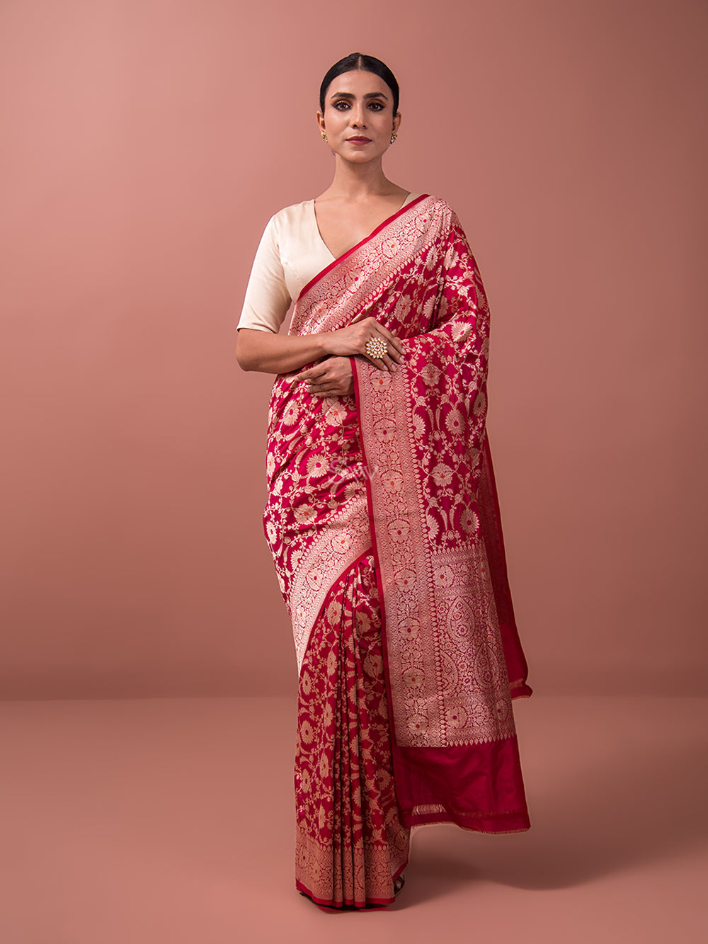 Pink Orange Meenakari Uppada Katan Silk Handloom Banarasi Saree - Sacred Weaves