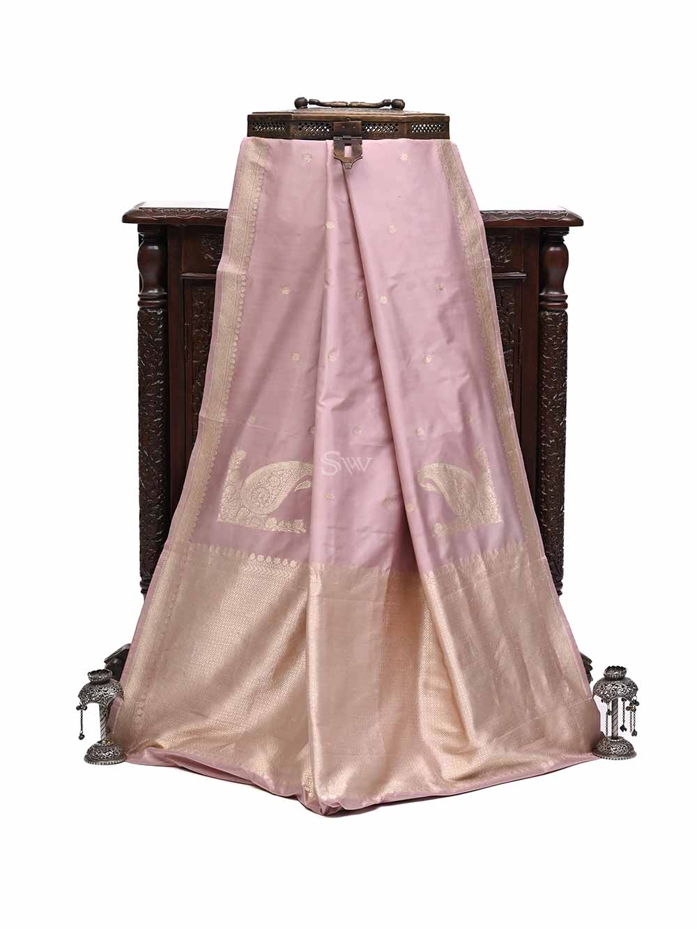 Dusty Pink Booti Katan Silk Handloom Banarasi Saree - Sacred Weaves