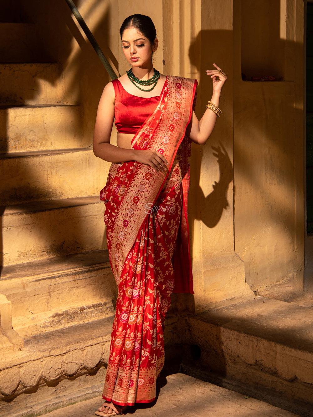 Red Meenakari Katan Silk Handloom Banarasi Saree - Sacred Weaves