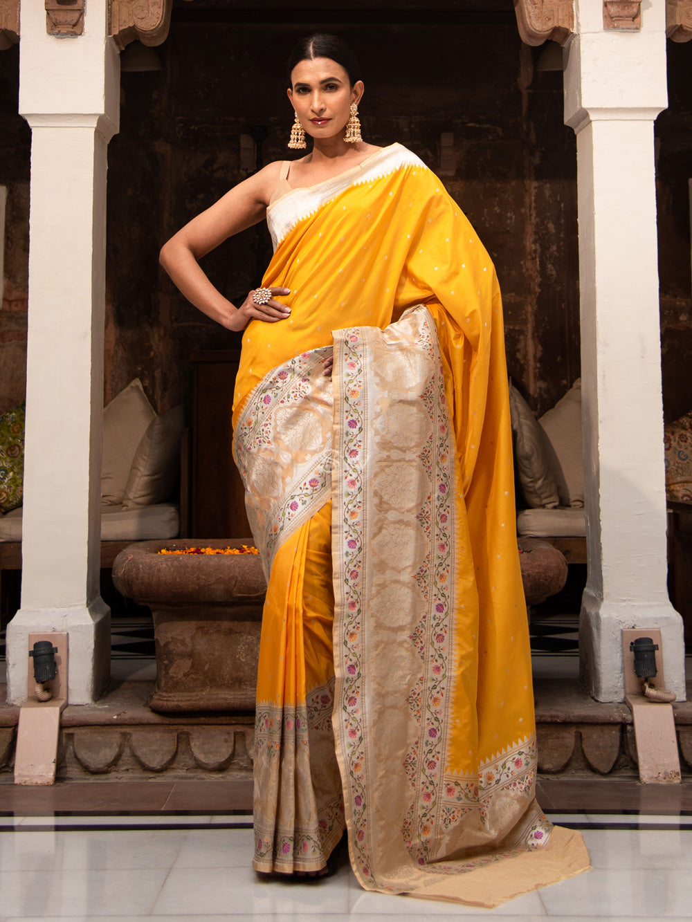 Yellow Paithani Katan Silk Handloom Banarasi Saree - Sacred Weaves