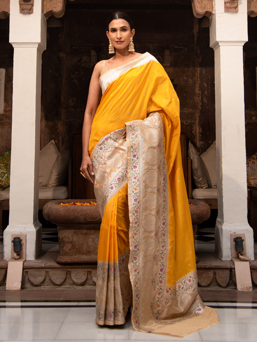 Yellow Paithani Katan Silk Handloom Banarasi Saree - Sacred Weaves